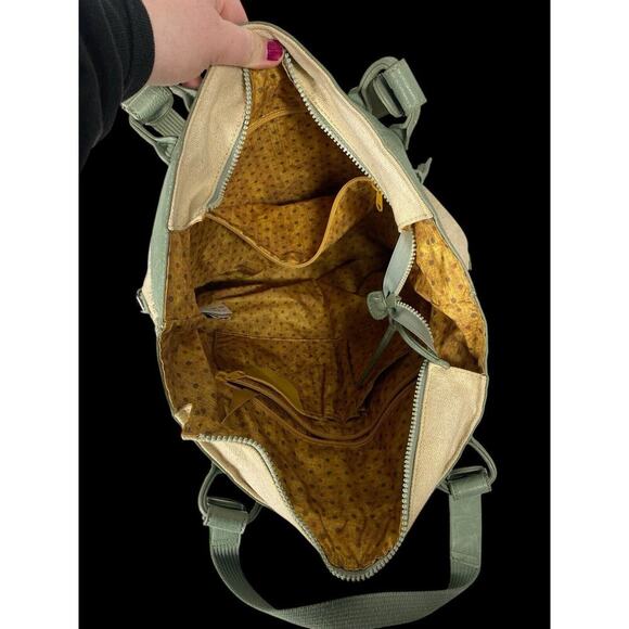 Sherpani Nola Large Shoulder Tote Bag Laptop Briefbag Leather Canvas Green Beige - Picture 9 of 16